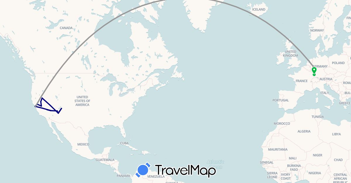 TravelMap itinerary: driving, bus, plane, cycling, hiking, boat in Germany, France, United States (Europe, North America)